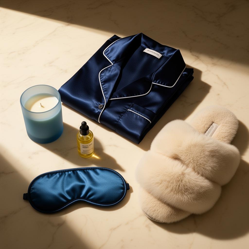 Snatched by Bleu luxury silk PJs, candles and spa essentials flatlay